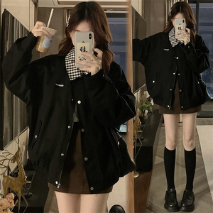 C959-P100 2025新款黑色美式格子翻领外套春秋季宽松夹克棒球服图片