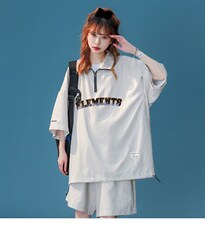 中性夏季潮牌半拉链字母运动休闲宽松情侣套装TZ754-P75控98，女装运动套装，A247A