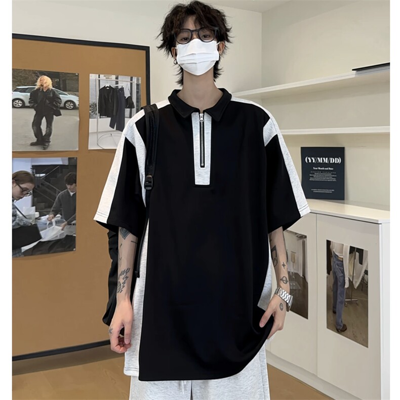 网图半拉链撞色拼接夏季潮男休闲短袖男女同款宽松T恤T2225-P38,男装T恤,星座1213