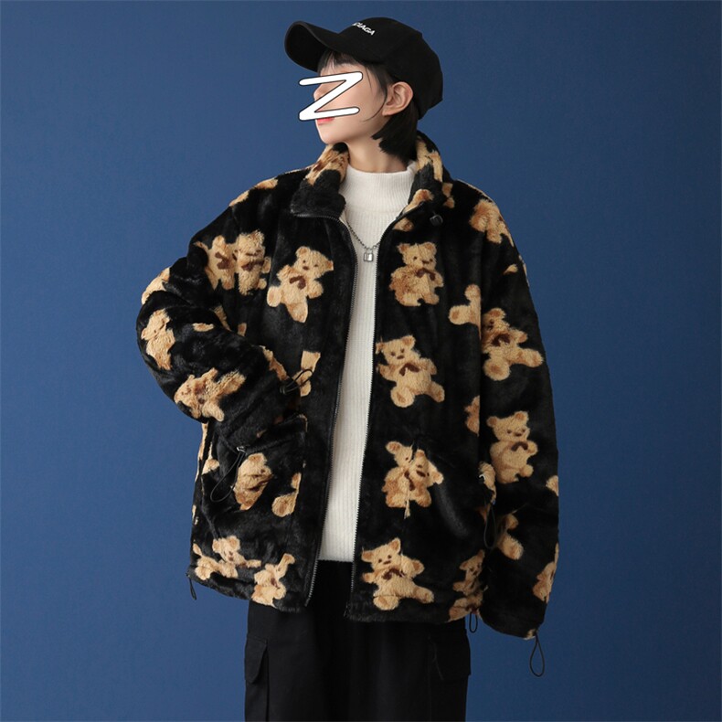 港风休闲可爱小熊印花棉衣/男外套仿兔毛加厚夹克现货mj402-p115,男装棉衣,电商B288