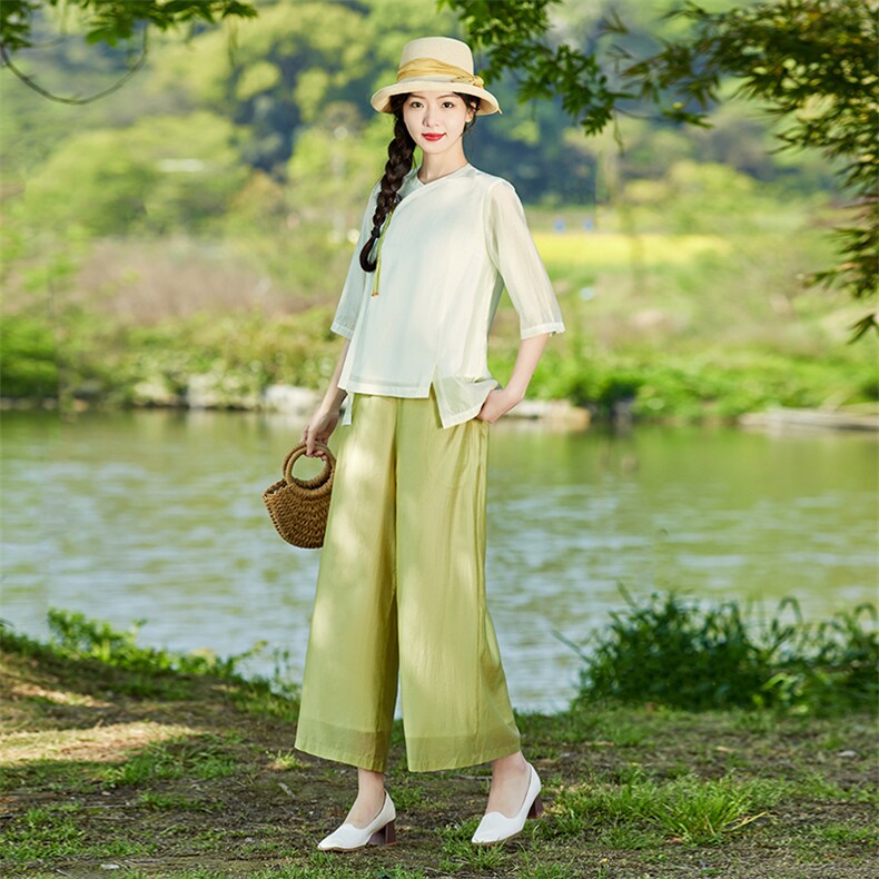 新中式套装女2026新款夏季民族风优雅宽松显瘦小衫阔腿裤两件套潮,女装套装/套裙,水衣源