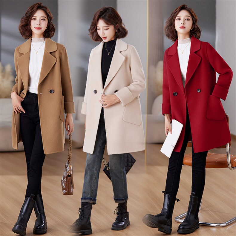 秋季时尚气质百搭100绵羊毛中长款双面呢大衣外套，女装双面呢大衣，媚琳依坊