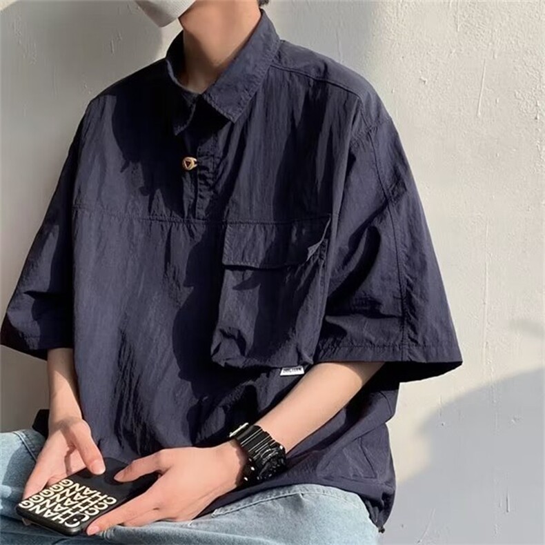 夏季日系复古工装短袖衬衫男女百搭纯色宽松半袖上衣潮S8060-p40,男装衬衫,星座1008