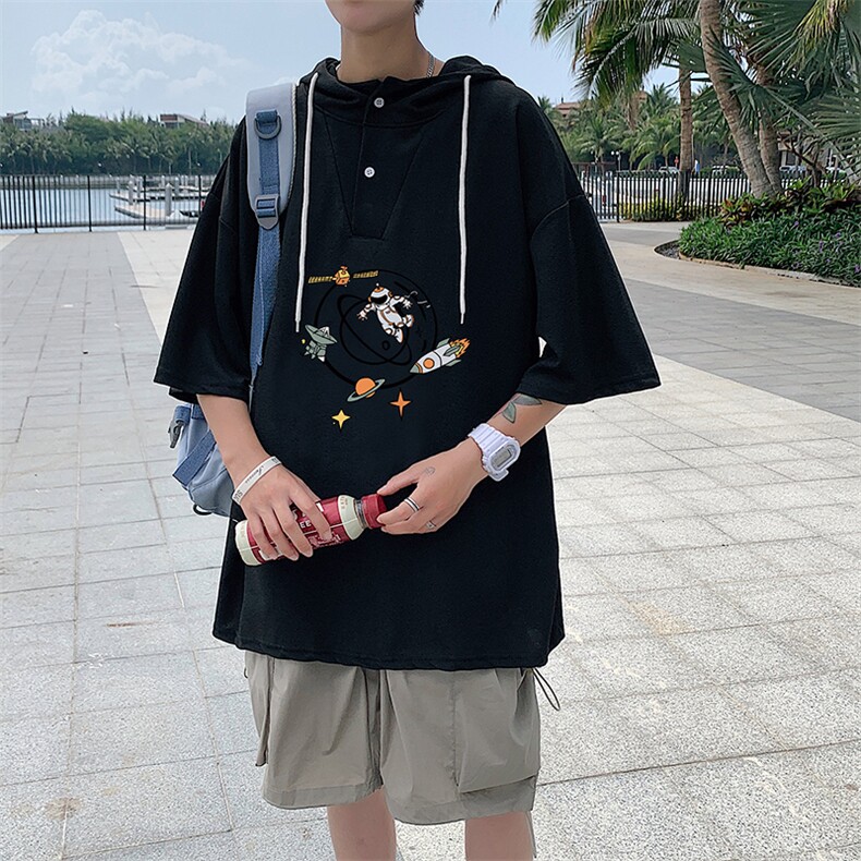 LD54142-P45连帽短袖t恤男大码胖子带帽五分袖中袖,男装T恤,电商A040