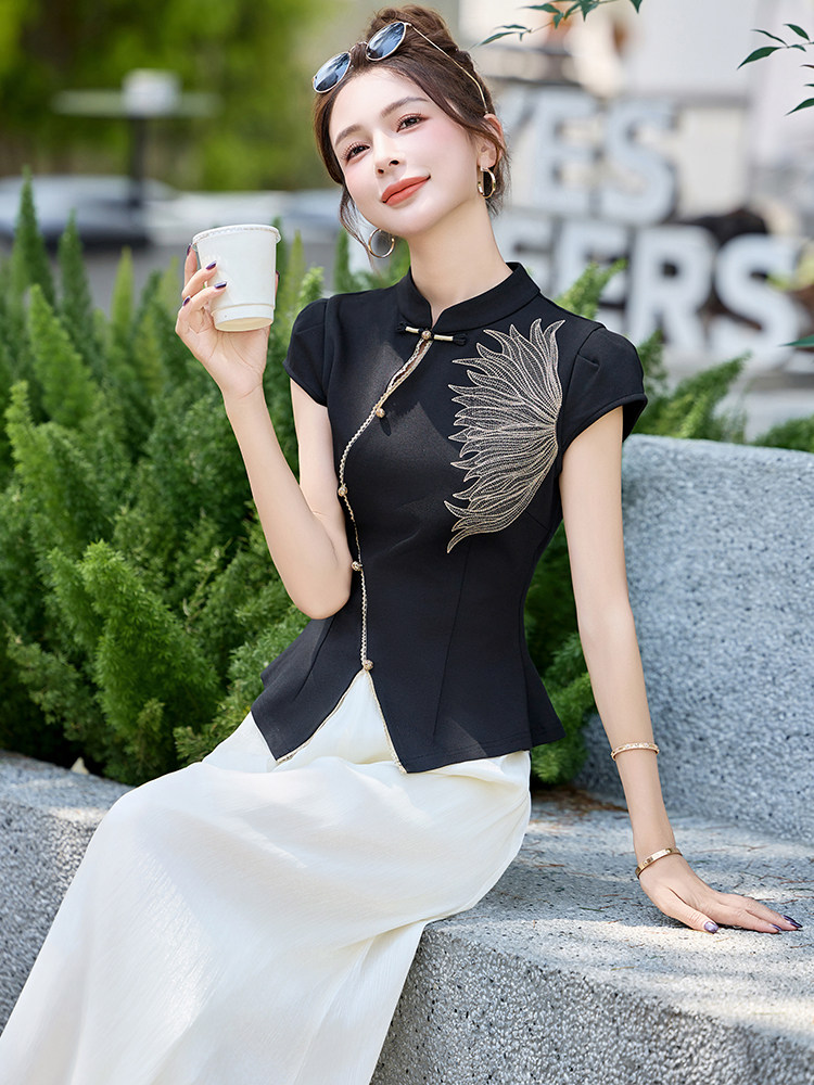 中式国风时尚流行刺绣套装女2025夏日巨好看的唐装阔腿裙裤两件套,女装套装/套裙,玖莱伊