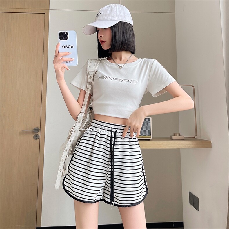 黑白条纹休闲短裤女2024夏季松紧腰抽绳韩版宽松百搭阔腿短裤,女装短裤/热裤,梦白服饰厂