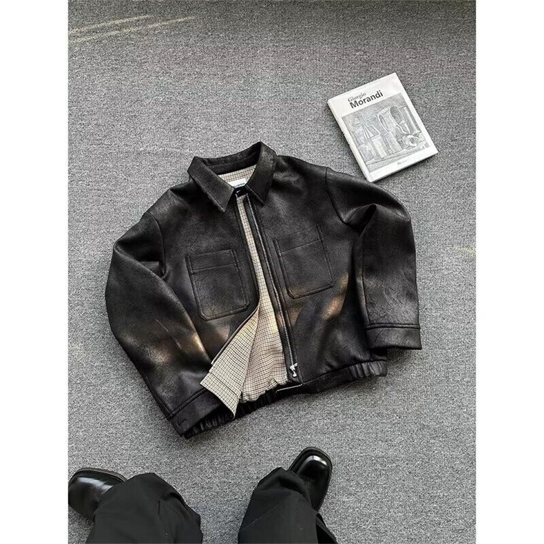 美式复古裂纹做旧千鸟格内里PU皮夹克潮翻领机车短外套LF1102P90,男装夹克,电商D256-2(原A064-2)