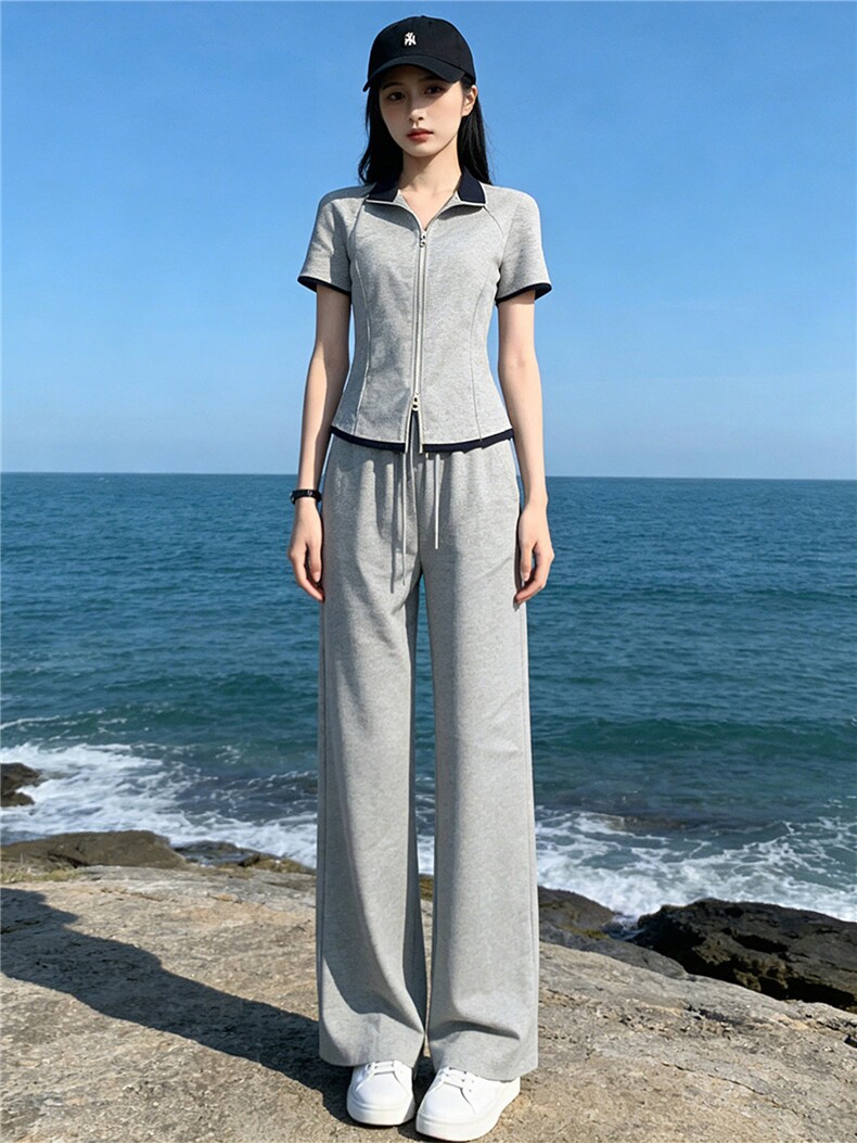欧货时尚休闲运动套装女夏新款简约立领拼短袖上衣直筒长裤两件套,女装套装/套裙,江南