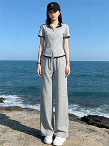 欧货时尚休闲运动套装女夏新款简约立领拼短袖上衣直筒长裤两件套图片