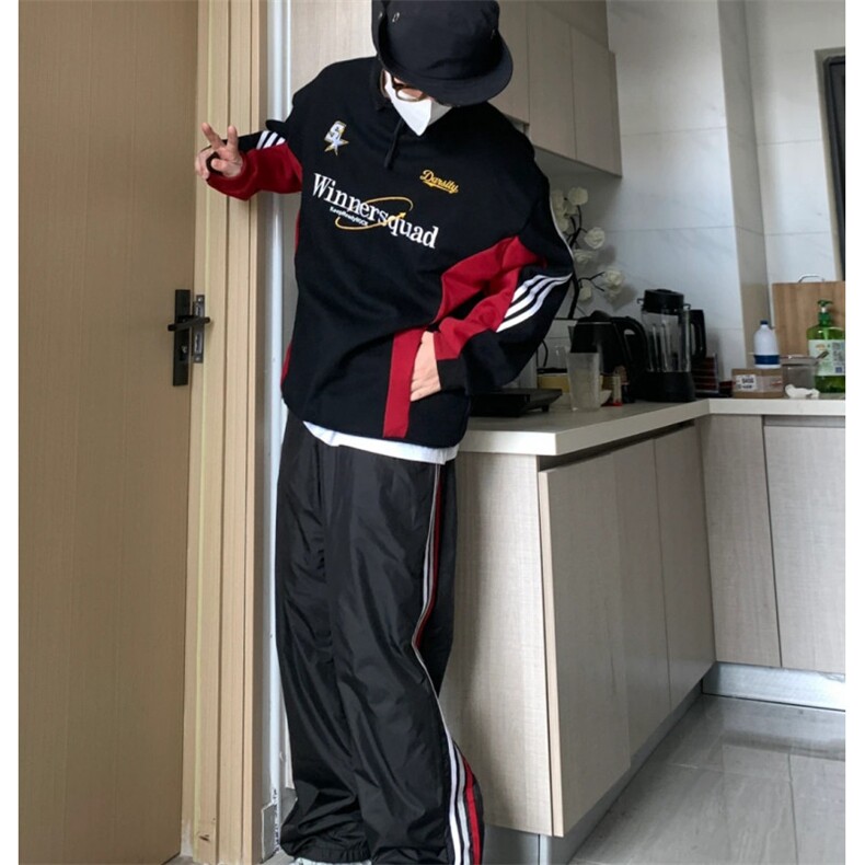 美式复古子母刺绣拼接polo领卫衣男高街vibe秋季宽松休闲长袖上衣,男装卫衣,星座601-1