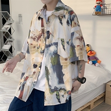 夏欧美复古油画印花短袖衬衫男潮牌街头宽松慵懒风休闲W720-P30，男装衬衫，星座512-2