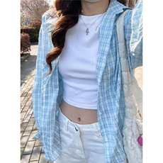 MISSMARM蓝色格子防晒衬衫女春夏韩版宽松休闲设计感长袖衬衣外套，男装防晒衣，星座1210-1