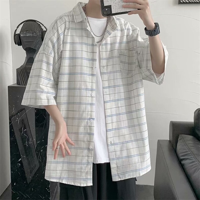 短袖衬衫男士潮牌格子衬衣夏季宽松休闲外套痞帅港风上衣CS88-P30,男装衬衫,星座1008