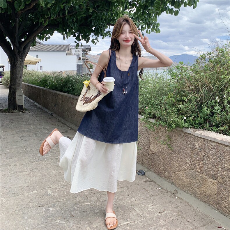 2026新款牛仔设计感拼接无袖连衣裙女新款韩系宽松休闲背心裙长裙,女装连衣裙,艾米莉亚