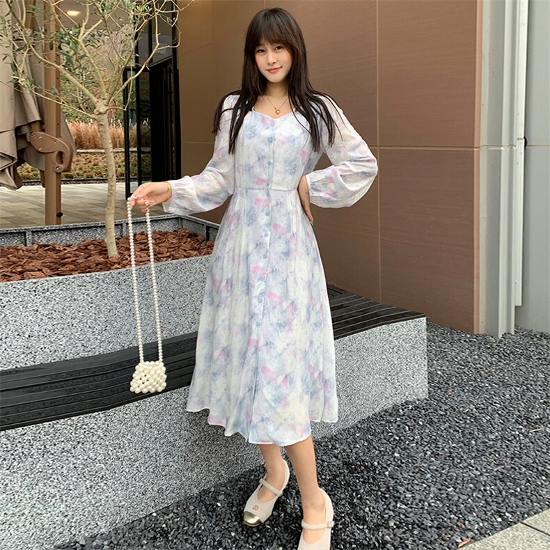 现货2024年春季时尚气质减龄修身显瘦长袖印花连衣裙,女装连衣裙,煊芮熙