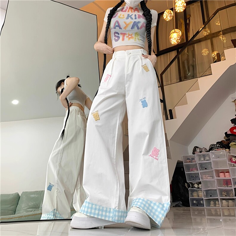 AK2351-P60小熊刺绣格子休闲裤夏季翻边宽松穿搭拖地直筒裤子,女装休闲裤,星座617A-2