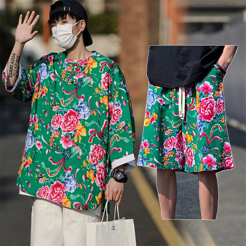 TZHT02男士宽松七分袖半袖东北大花透气凉爽短裤大码套装男女团队,男装休闲套装,星座115A(原星座507）