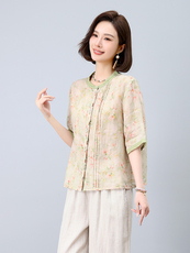 2025夏装新款复古舒适显瘦撞色印花苎麻衬衫轻薄阔腿裤，女装衬衫，凝聚力