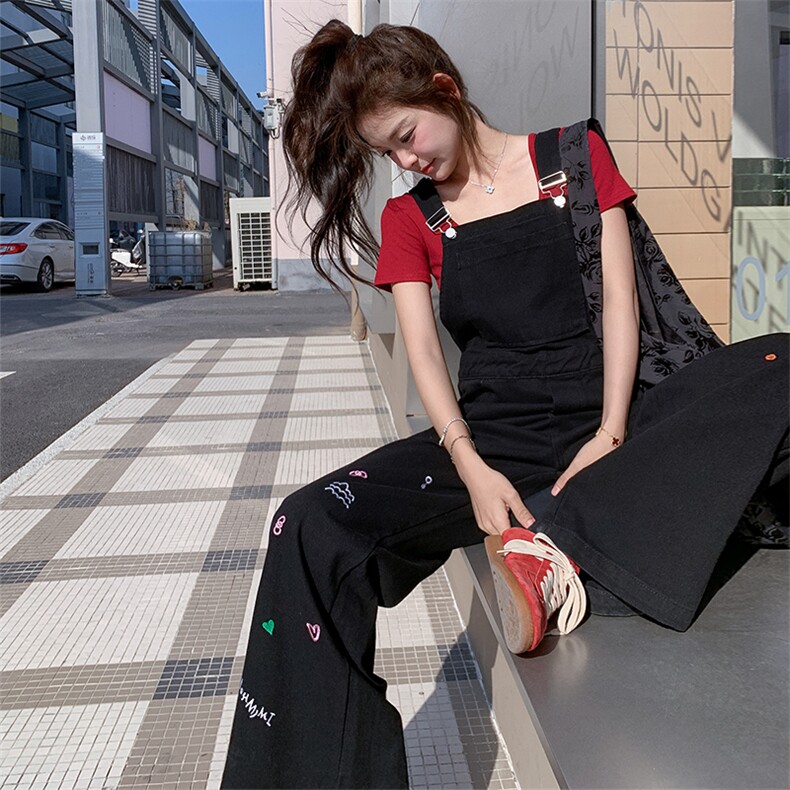 减龄短T恤刺绣牛仔背带裤套装女2025夏季新款学院风阔腿裤两件套,女装套装/套裙,2C260