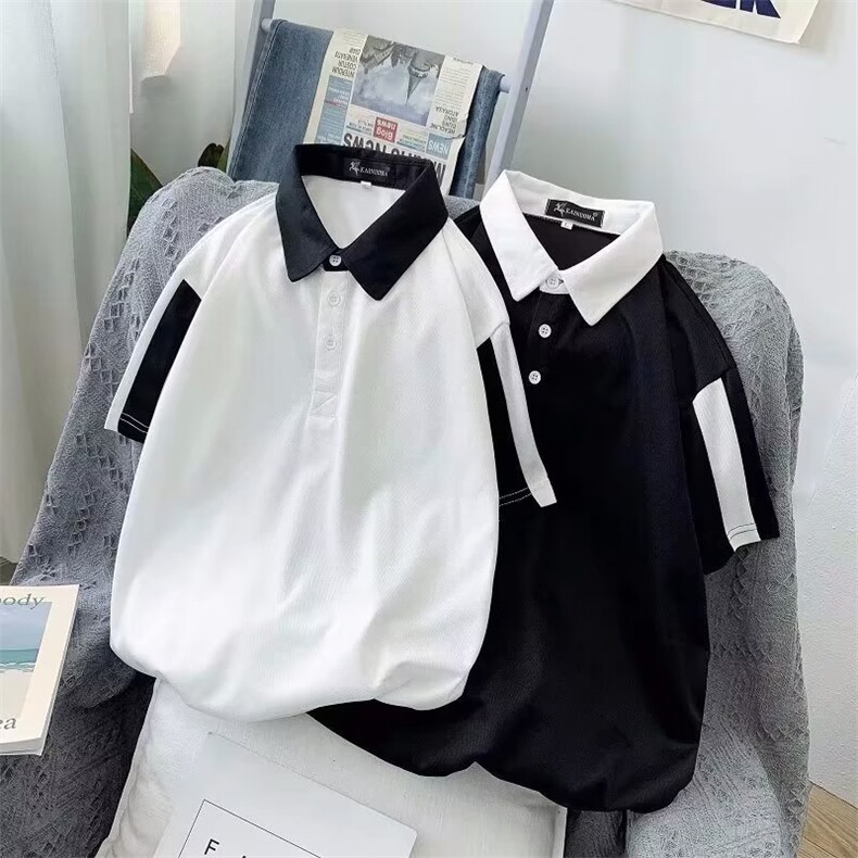 港风翻领polo衫男夏季韩版潮流拼色宽松短袖t恤ins潮牌百搭半截袖,男装T恤,星座1013