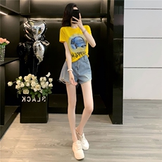 女夏季新款韩版运动休闲套装卡通印花圆领短袖宽松牛仔短裤两件套，女装套装/套裙，江南