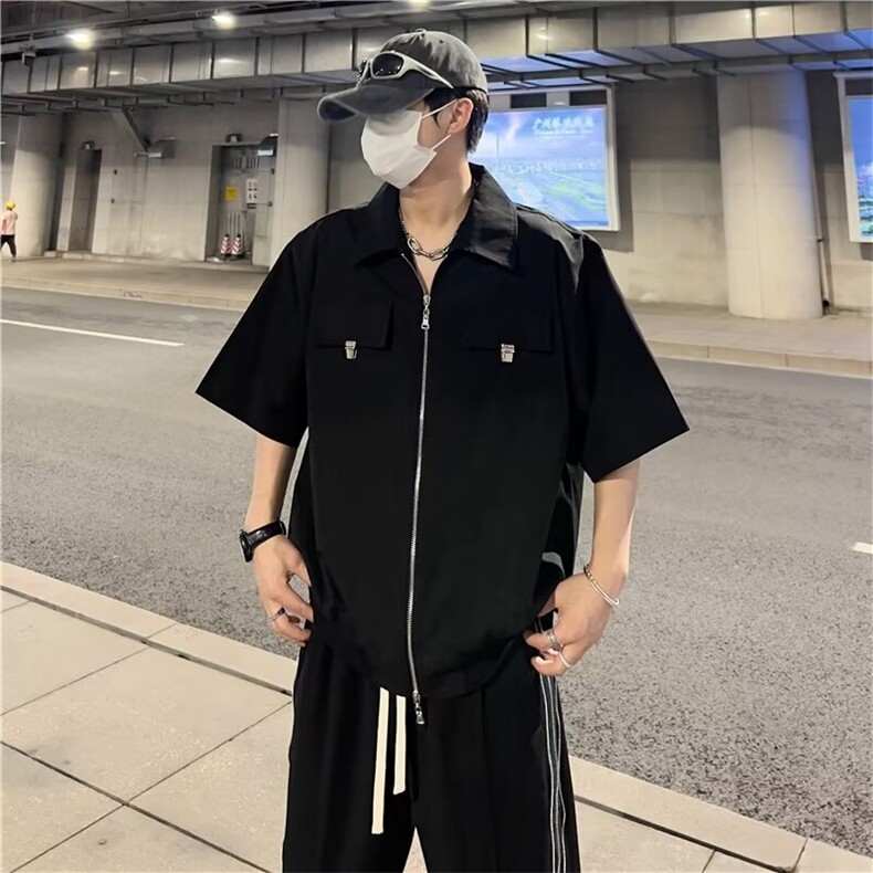 夏季高品量翻领短袖衬衫舒适宽松拉链口袋C778p42,男装衬衫,星座1013