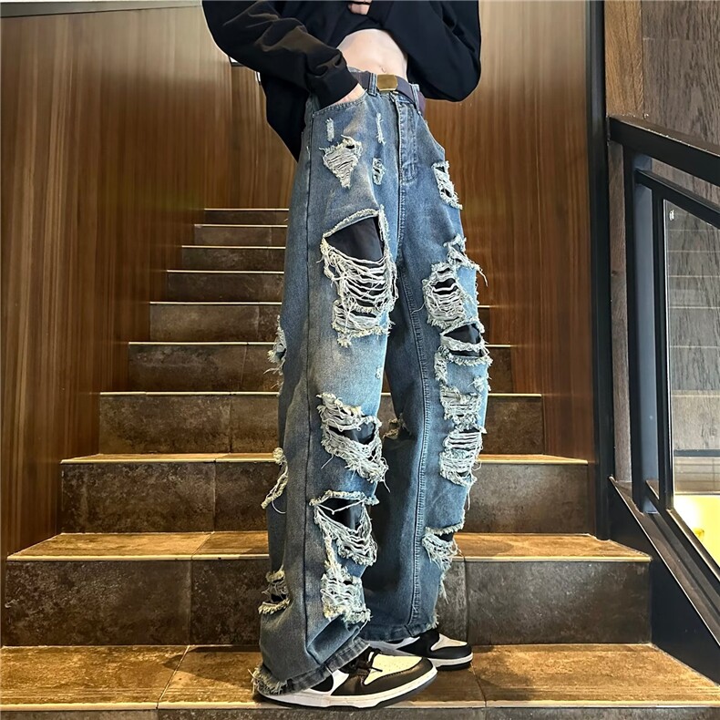 美式复古水洗破洞牛仔裤男女潮设计感小众高街阔腿裤X98P50,男装牛仔裤,星座1116-2
