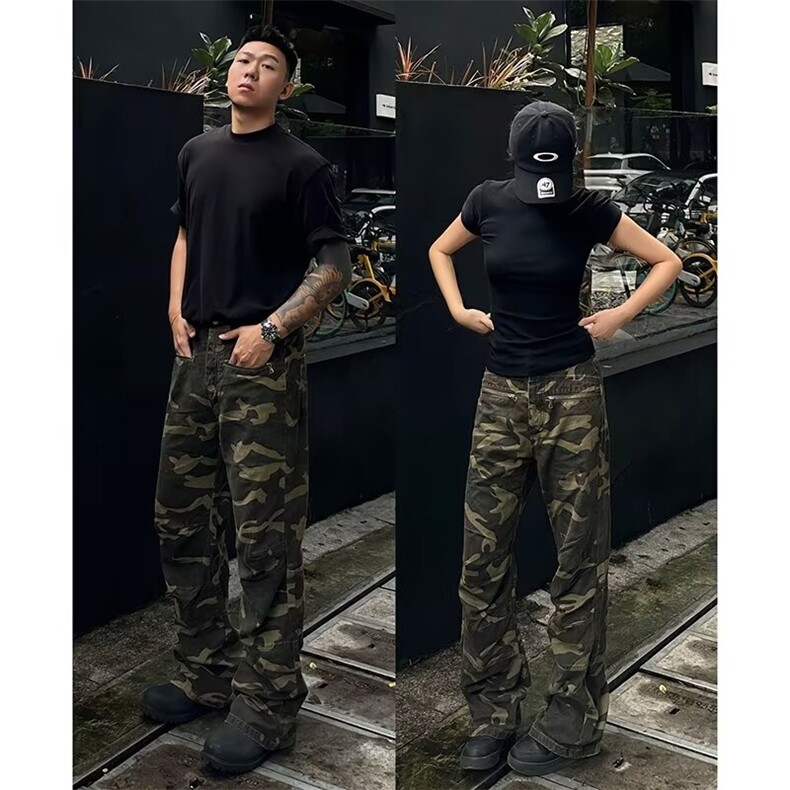 网络图现货美式复古迷彩男女工装直筒宽松微喇牛仔裤J8146-P58,男装牛仔裤,星座715-7