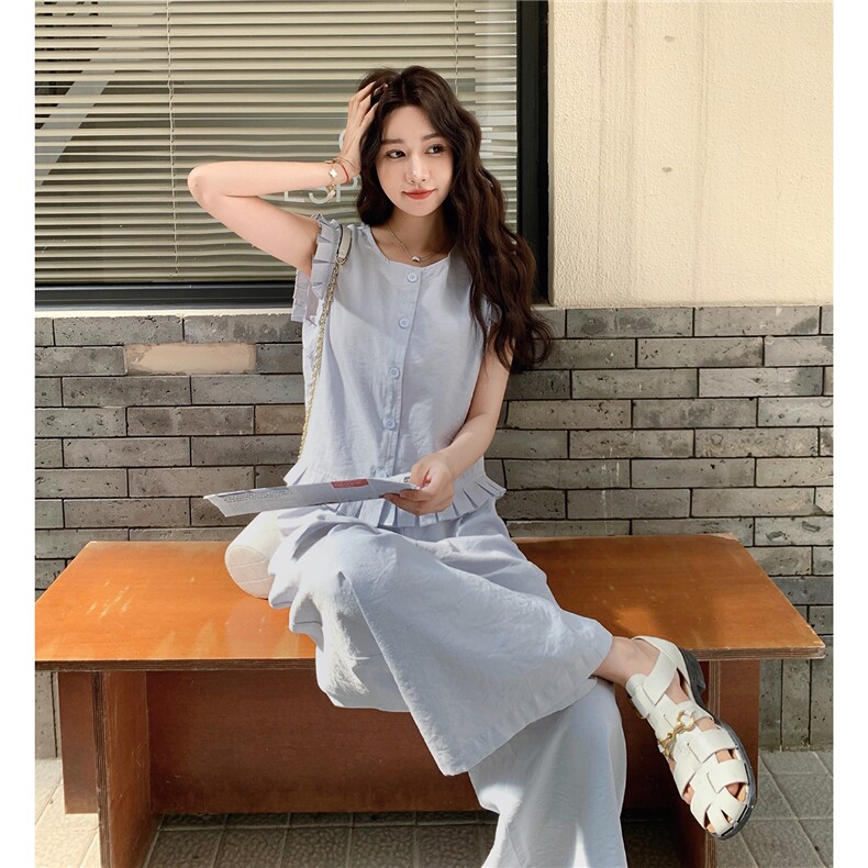 木耳边马甲时尚套装女2025年夏季新款韩版高腰休闲阔腿裤两件套,女装套装/套裙,2C129