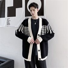 新款千鸟格针织开衫毛衣男时尚流苏百搭毛衫外套A452--MY24--P115，男装针织衫/毛衣，电商A452