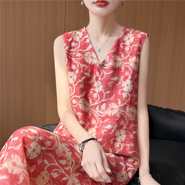 天丝麻V领无袖花连衣裙,女装连衣裙,圣丽羊绒