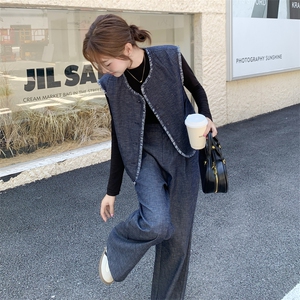 韩系复古牛仔马甲套装女2025秋季新款小个子设计感上衣长裤三件套图片