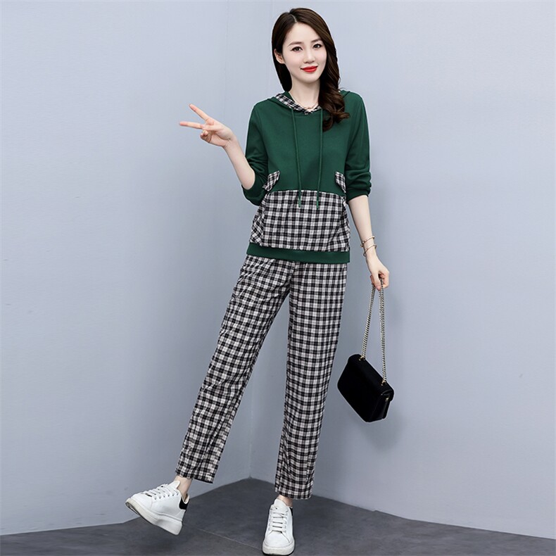 秋季女套装2022年新款洋气时尚高级感减龄显瘦休闲格子卫衣两件套,女装套装/套裙,魅影