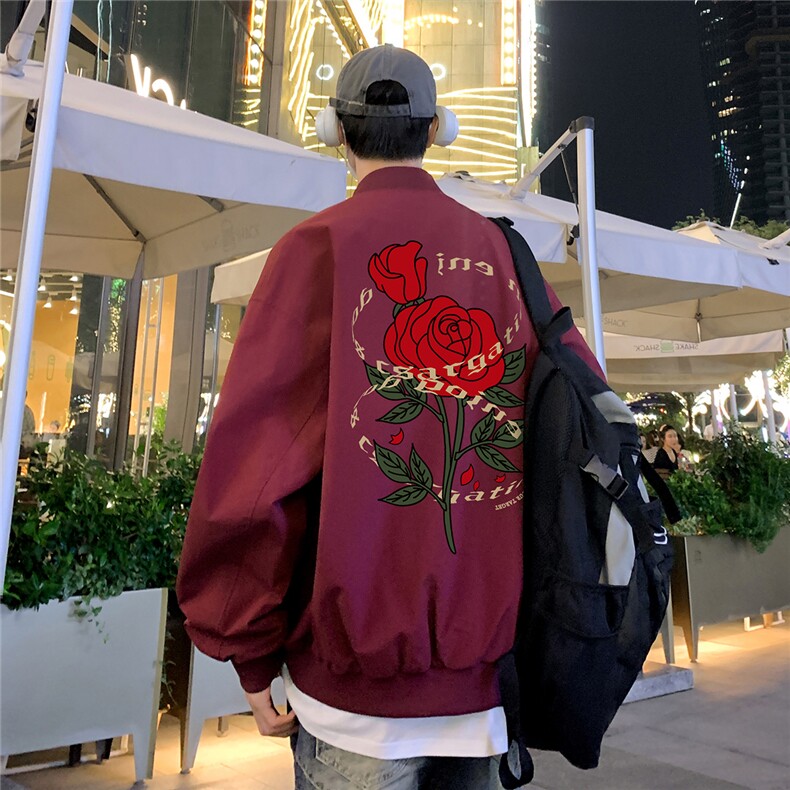 港风夜景秋款玫瑰印花宽松棒球领夹克F366特批65控98,男装夹克,电商A247