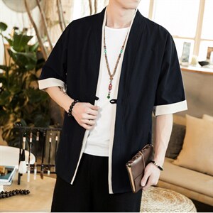 风外套五分袖男唐装盘扣开衫道袍和服宽松夹克茶服 M125 P30图片
