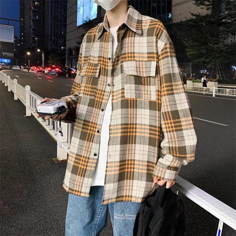 长袖格子衬衫春款男港风潮流C528P32图片