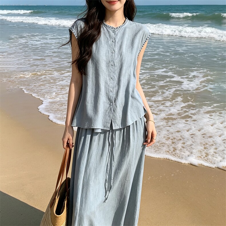 2026夏装新款简约时尚休闲套装两件套,女装套装/套裙,魅丽静蓝