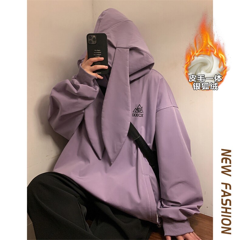 冬新款港风大码兔耳朵防水滑雪服男高街银狐绒保暖外套M38-P125图片