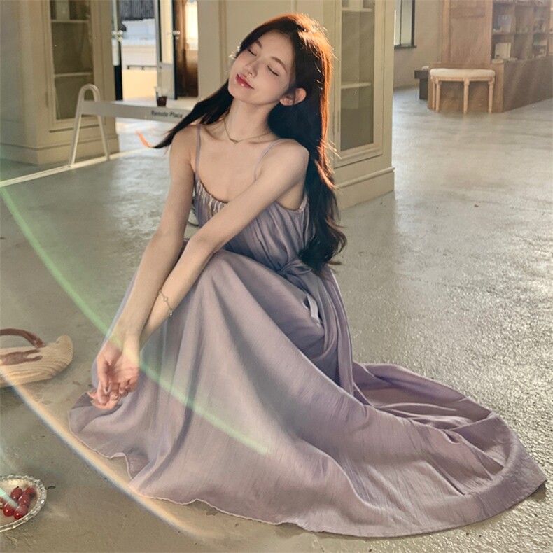 夏季2025新款女装法式紫色温柔吊带连衣裙小众设计感气质仙女长裙,女装连衣裙,纯色衣恋