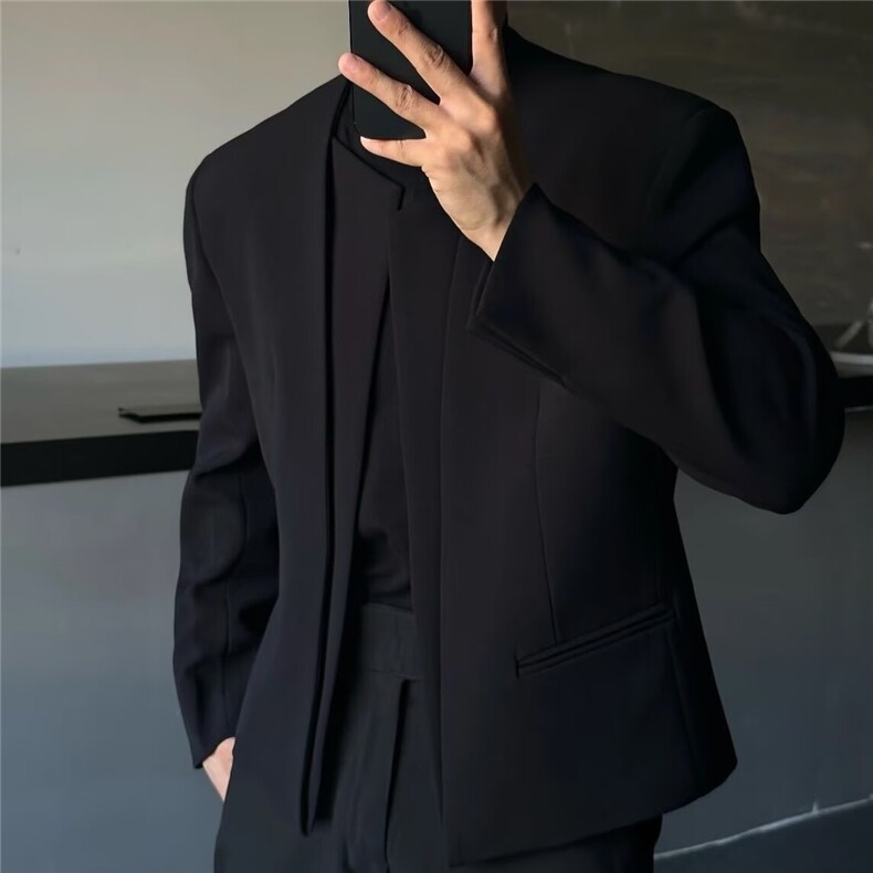 春季禁欲系小众结构感小西装男无扣极简垫肩痞帅高级感男模西服潮图片