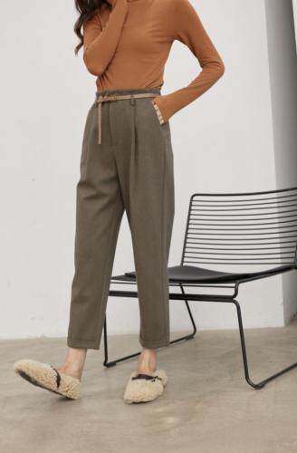 冬季新款口袋显瘦显高遮肉高腰锥形裤呢料休闲裤，女装休闲裤，拉嘉图