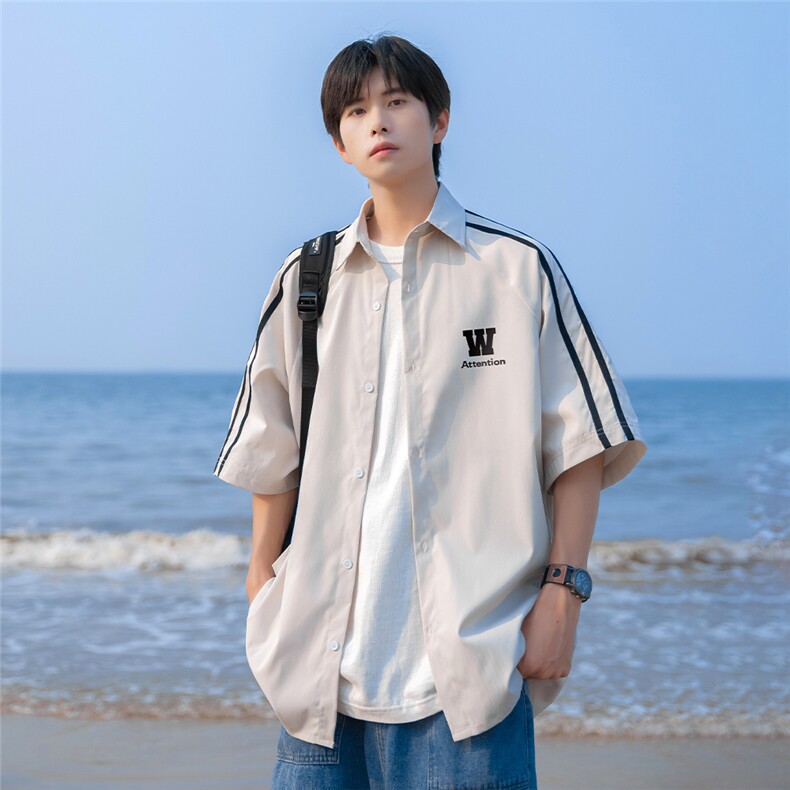 港风24夏季新款时尚宽松翻领织带拼色衬衫情侣潮S262特P35控58,男装衬衫,电商A247