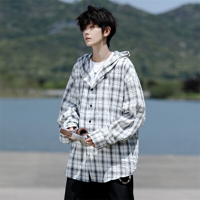 廓形防晒衬衫男夏季长袖冰丝薄款亚麻格子衬衣开衫外套CS29006P48，男装衬衫，电商B312