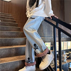 k1063J-p65-控88M-5XL立体印花水晶绒加绒港风高阶宽松牛仔裤微喇，男装牛仔裤，星座116