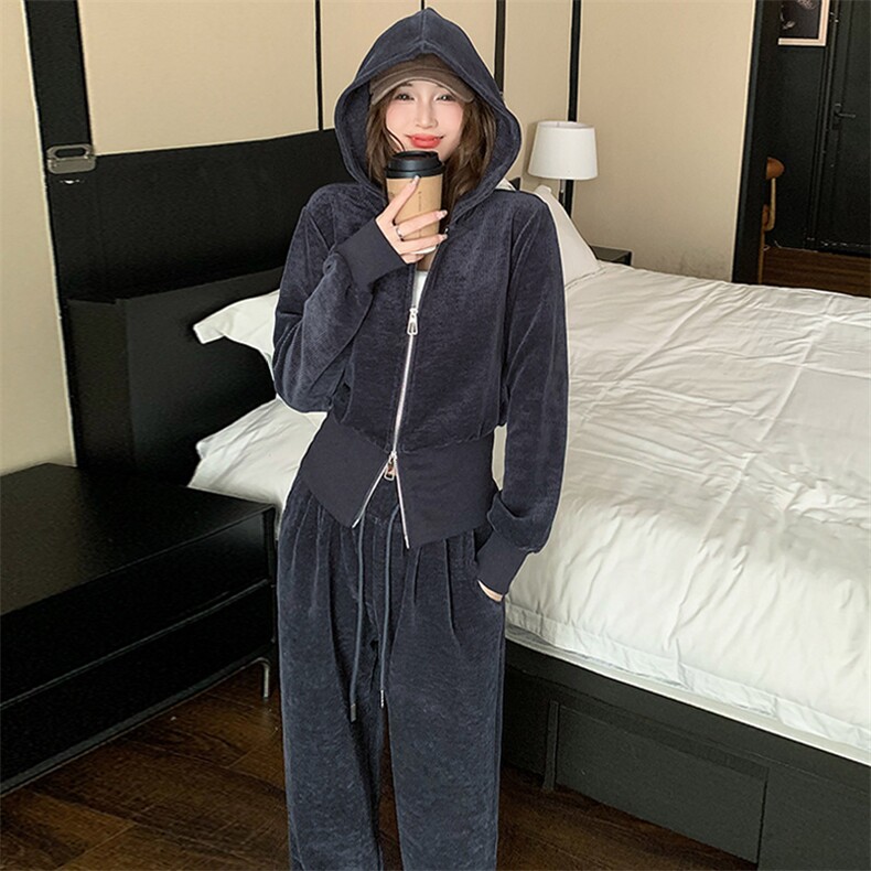 女春连帽拉链开衫阔腿裤两件套,女装套装/套裙,江南
