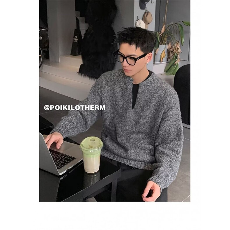 韩版ins纯色v领毛衣男款冬季灰色高级感宽松休闲慵懒百搭针织上衣，男装针织衫/毛衣，四季星座505