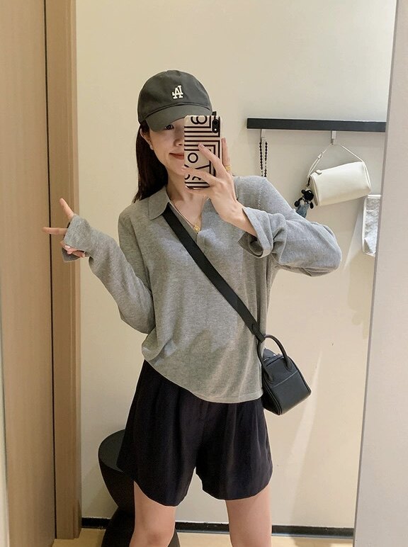 早秋四季实穿~老钱风透气凉感天丝亚麻polo领松弛防晒罩衫,针织衫/毛衣,湘姗