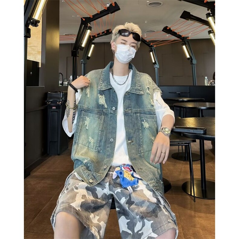 美式复古小众设计磨破牛仔马甲外套ins男水洗做旧坎肩潮图片