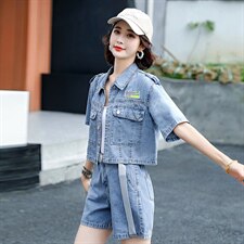 新款时尚潮流个性气质翻领休闲舒适牛仔短裤两件套夏季，女装套装/套裙，魅影
