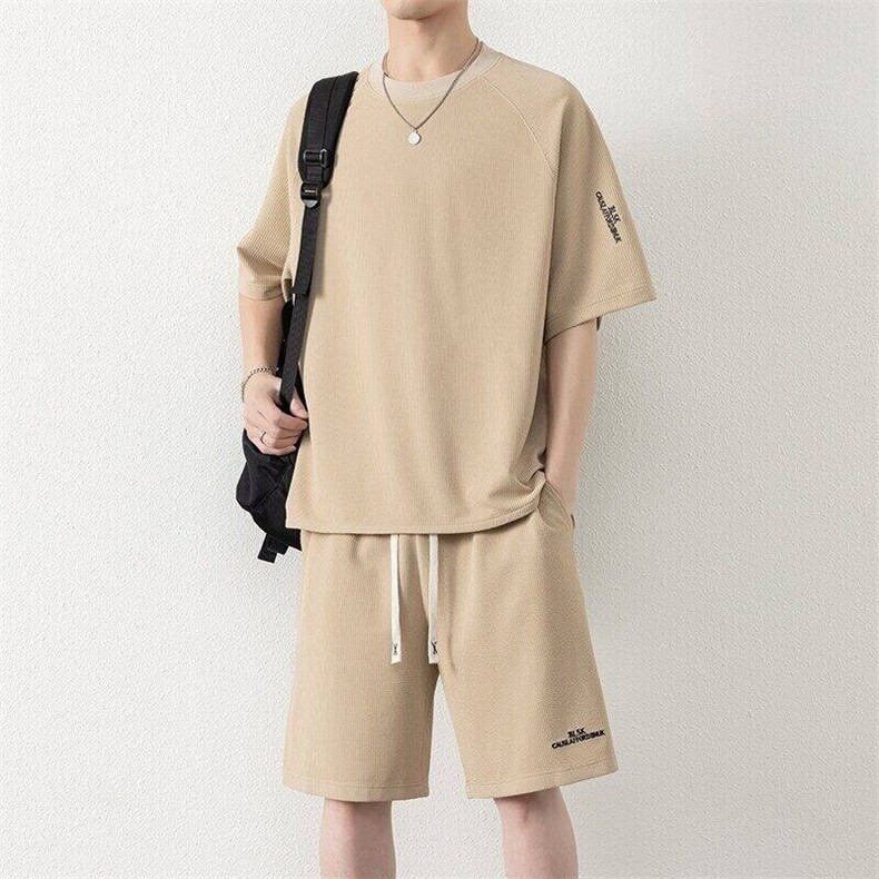 纯色二开TZ25308-特P55休闲套装男生港风宽松短袖短裤运动两件套,男装牛仔裤,电商D310B